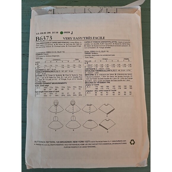Butterick B6373 Vtg Hooded Capes Poncho SZ 6-8 Child SEWING PATTERN Pre-owned - Picture 2 of 3